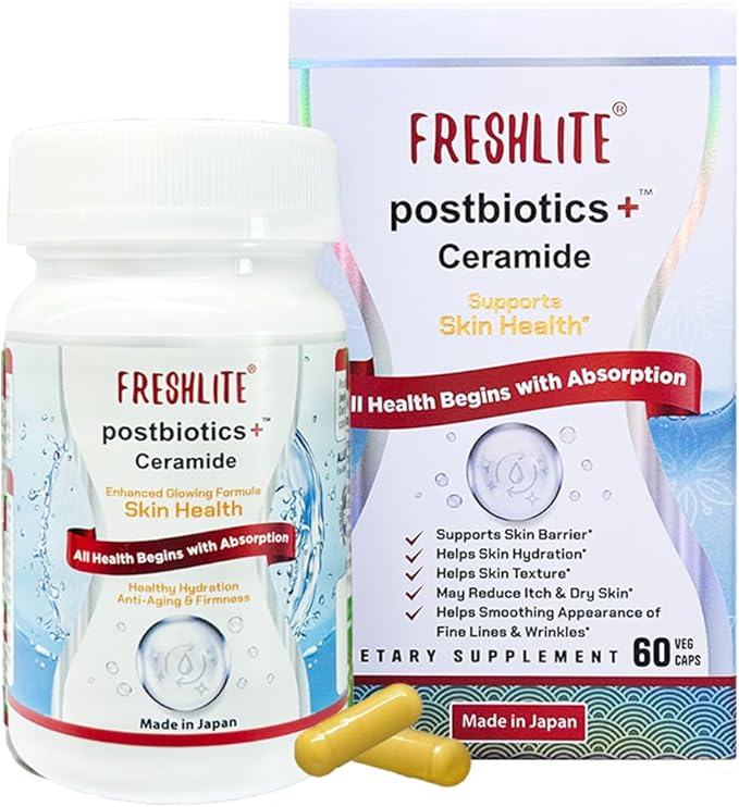 FRESHLITE Japanese Clear Skin Ceramide Supplement – Plant-Based Ceramide & Postbiotics for Hydration, Barrier & Elasticity – Helps Reduce Acne & Irritation – Non-GMO, Gluten-Free, 60 Vegan Capsules