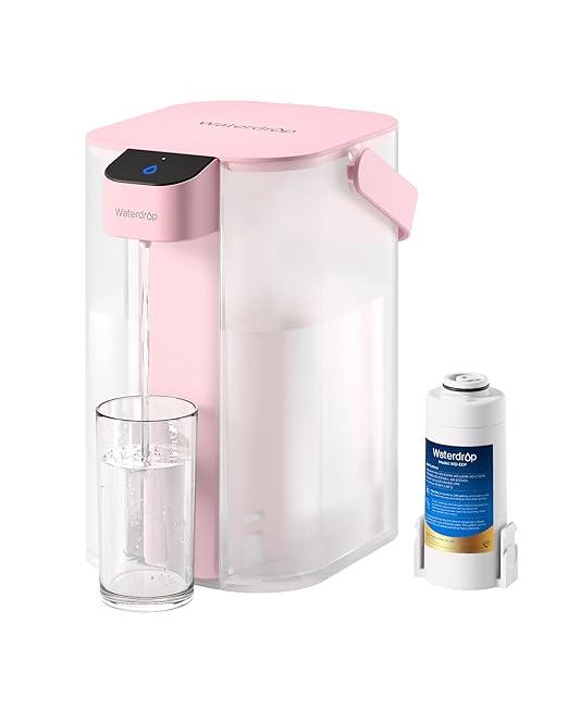 Waterdrop Electric Water Filter Pitcher, Reduce 99.6% of Lead and 45+ Impurities, 200-Gallon Rechargeable Water Dispenser, Instant 15-Cup Countertop System, NSF/ANSI 401&53&42&372, Pink