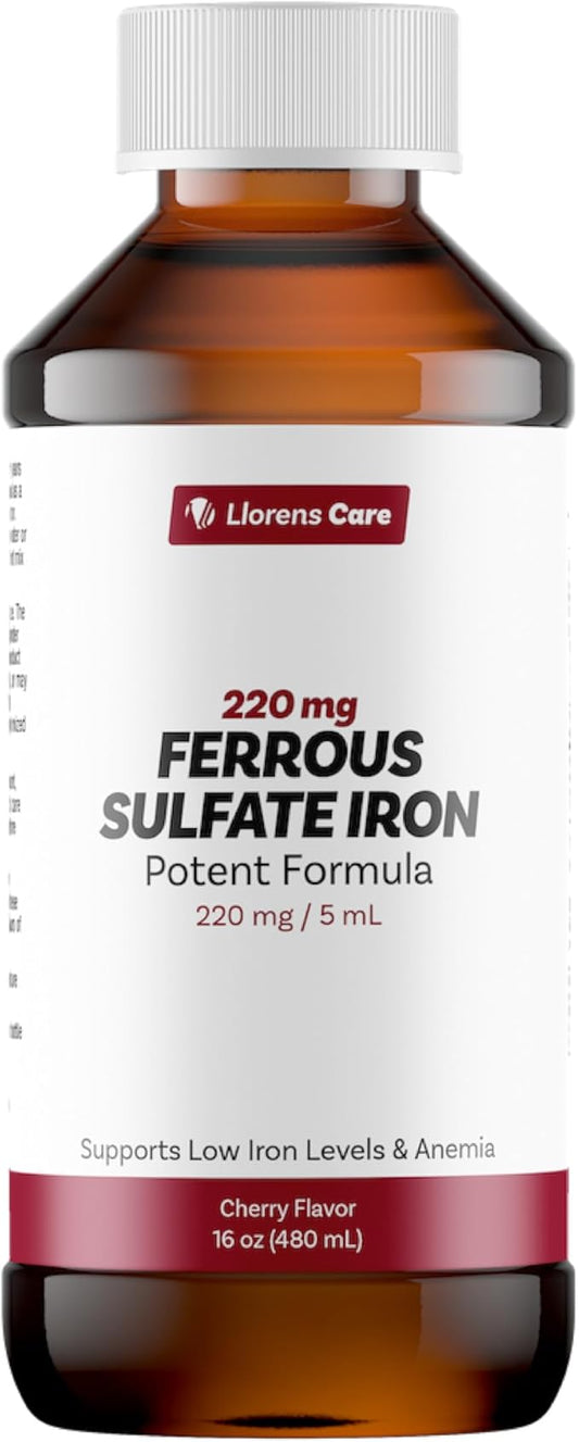 Ferrous Sulfate Liquid Iron Supplement for Adults by Llorens Care - 220 mg in 5 ml Iron Complex Supplement for Anemia and Iron Deficiency. Boost Energy Levels