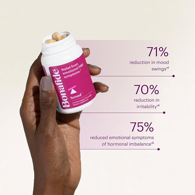 Serenol by Bonafide. Relief from Hormonal Mood Swings, Irritability, & PMS Bloating. — 2-Month Supply (120 Tablets)
