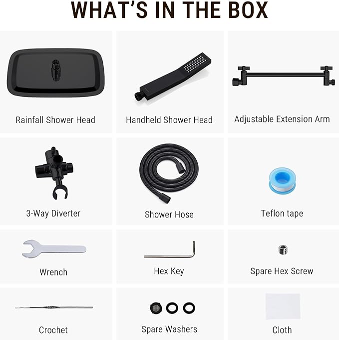 G-Promise All Metal 14 Inch Dual Square Shower Head with Handheld Spray Combo, Rain Shower Head, Adjustable Extension Arm, 3-Way Diverter, 71 Inch Extra Long Hose - A Bathroom Upgrade (Matte Black)