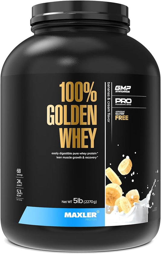Maxler 100% Golden Whey Protein - 24g of Protein per Serving - Premium Whey Protein Powder for Pre Post Workout - Fast-Absorbing Whey Concentrate, Isolate & Hydrolysate Blend - Bananas & Cream 5 lb