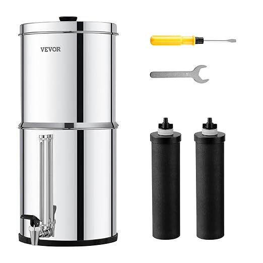 VEVOR Gravity-fed Water Filter System, 2.25G 304 Stainless-Steel Countertop System, Water Filtration System, Reduces Lead and up to 99% of Chlorine, with 2 Carbon Filters, and Water Level Spigot