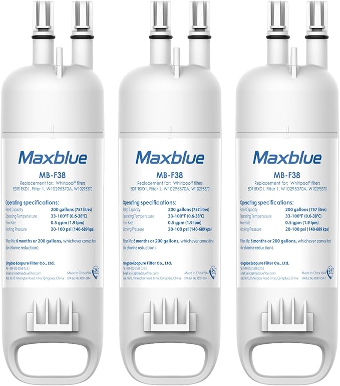 Maxblue W10295370A Replacement for Everydrop® Filter 1, Whirlpool® EDR1RXD1, EDR1RXD1B, P8RFWB2L, P4RFWB, Kenmore® 46-9081, 46-9930, MB-F38 Refrigerator Water Filter, 3 Filters (Package May Vary)