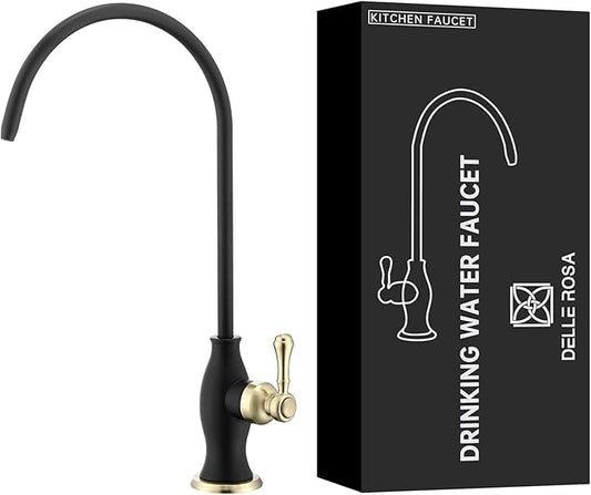 Delle Rosa Drinking Water Faucet, Solid Brass Kitchen Water Filter Faucet, Commercial Water Filtration Faucet for Under Sink Water Filter System Black& Gold