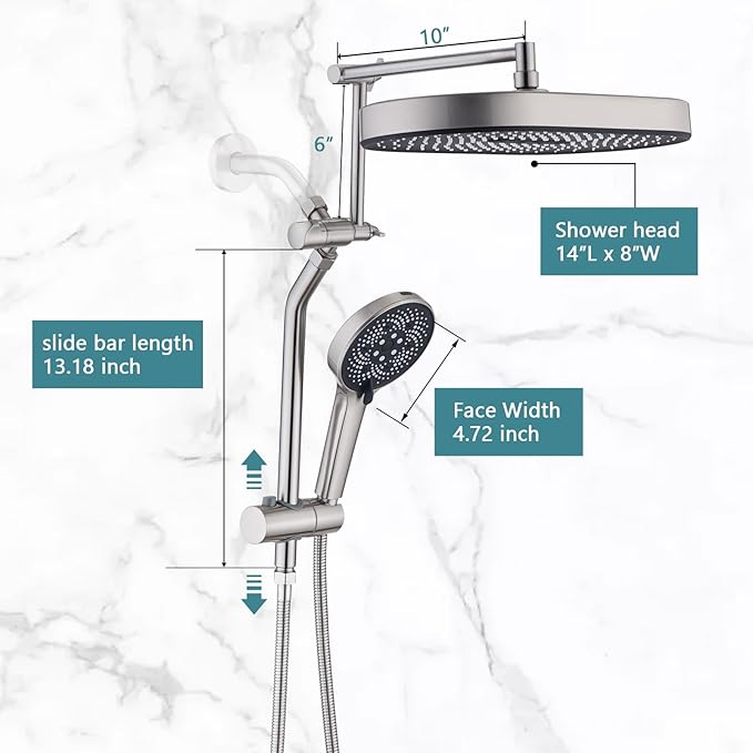 14" x 8" Rectangle High Pressure Rainfall Shower Head with Handheld Combo, 6 Setting Handheld Shower Head, Adjustable Height Shower Extension Arm and Slide Bar for Easy Reach - Brushed Nickel