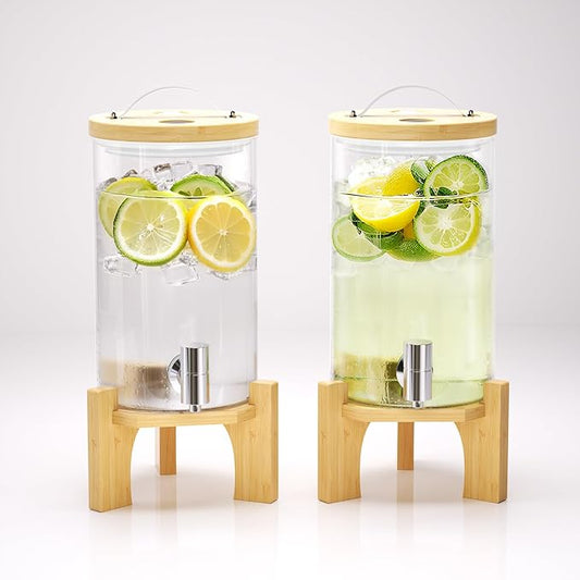 1.2 Gallon Glass Drink Dispenser For Parties, Beverage Dispenser With Bamboo Wood Stand And Stainless Steel Spigot, Countertop Water Dispenser, Lemonade Dispenser For Wedding, Picnic (2PACK)