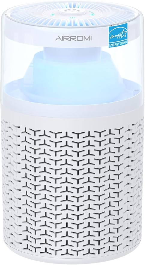 AIRROMI Air Purifiers for Bedroom Home,Up to 658 Ft²,Activated Carbon Filter Cleaner,With Fragrance Sponge for Better Sleep,Night Light,Pet Dander,Allergies,Smoke,Odor,Desktop Air Cleaner A2002 White