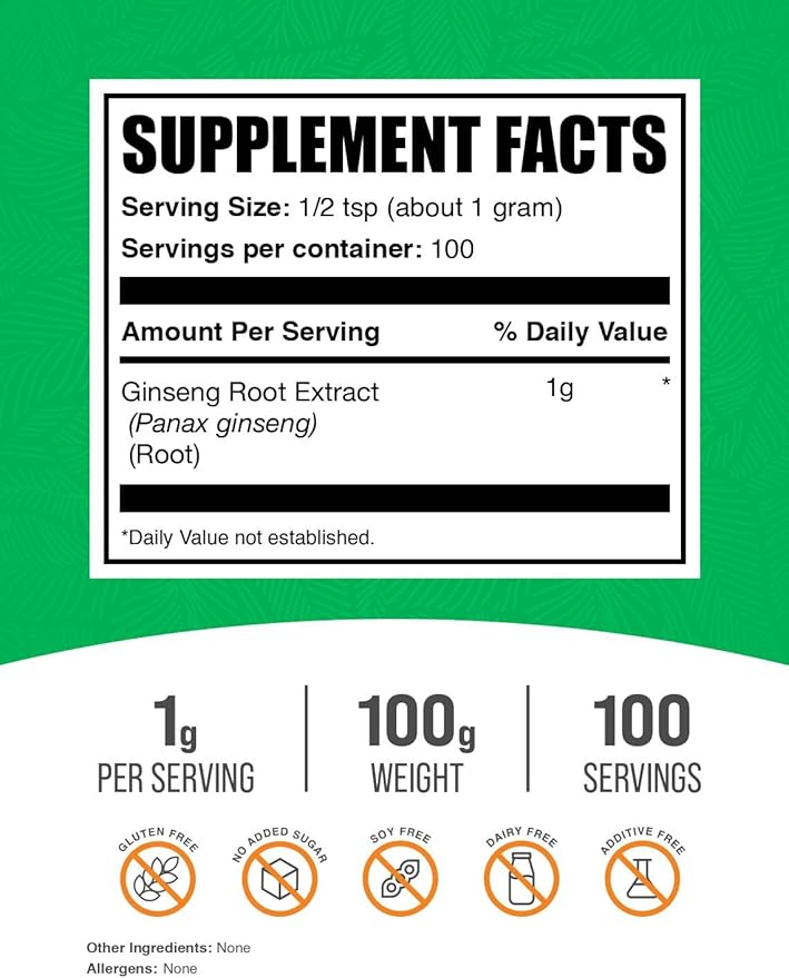 BulkSupplements.com Ginseng Root Extract Powder - Panax Ginseng Supplement, Herbal Supplement - Vegan & Gluten Free, 1g per Serving, 100g (3.5 oz) (Pack of 1)