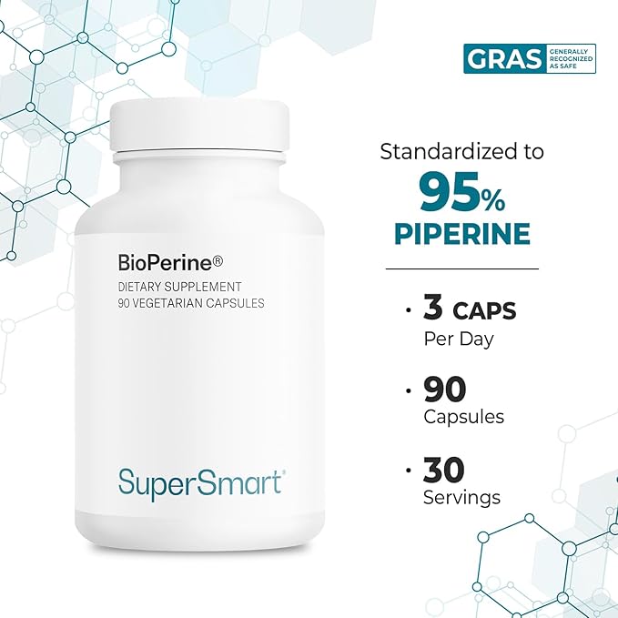 SuperSmart Bioperine 30mg per Day (95% Piperine) - Black Pepper Extract Supplement - Absorption Enhancer - Digestive Enzymes Support | Non-GMO & Gluten Free - 90 Vegetarian Capsules