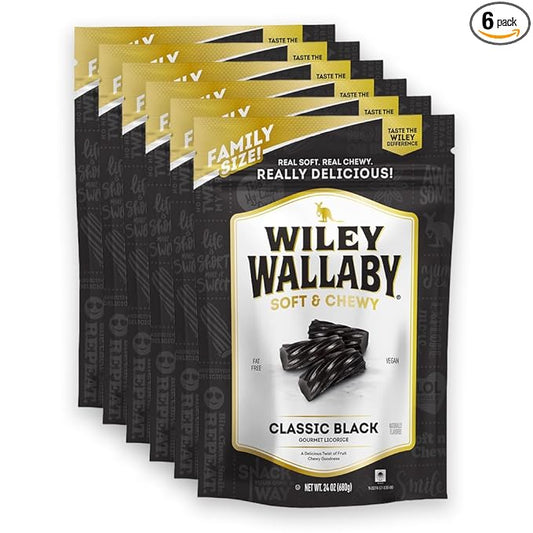 Wiley Wallaby Licorice 24 Ounce Classic Gourmet Soft & Chewy Australian Black Licorice Candy Twists, 6 Pack