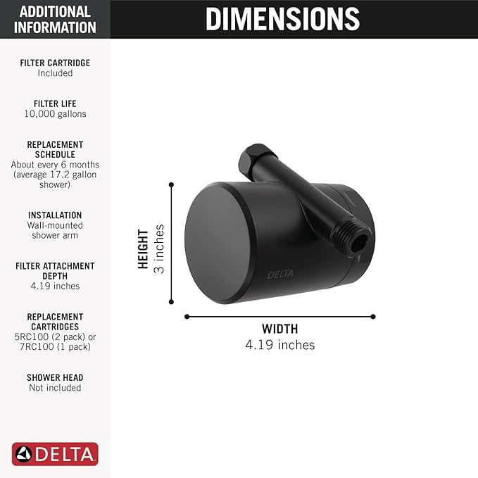 Delta Faucet Clarifi Standard Shower Filter Attachment with Filter, Shower Water Filter, Shower Head Filter, Matte Black 7SF100-BL