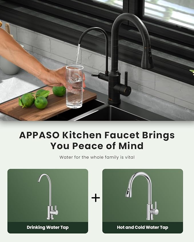 APPASO Kitchen Faucet with Water Filter, Without Water Filtration Device, Oil Rubbed Bronze 3-in-1 Kitchen Sink Faucet, High Arch 2-Handle 3-Way Kitchen Faucet with Pull-Down Sprayer