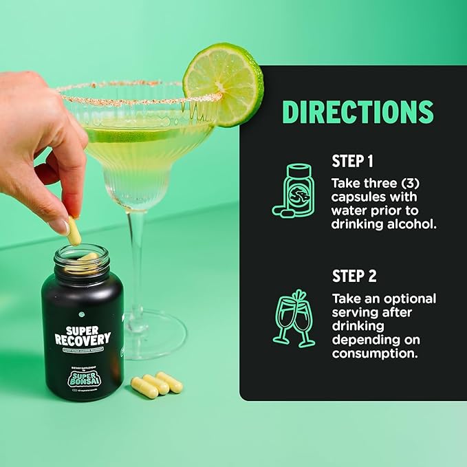SuperBonsai Super Recovery Capsules for Post Celebration and Morning Relief - All Natural Holistic Support - 3 Capsules Taken Before Drinking and an Optional Serving After (28 Servings)
