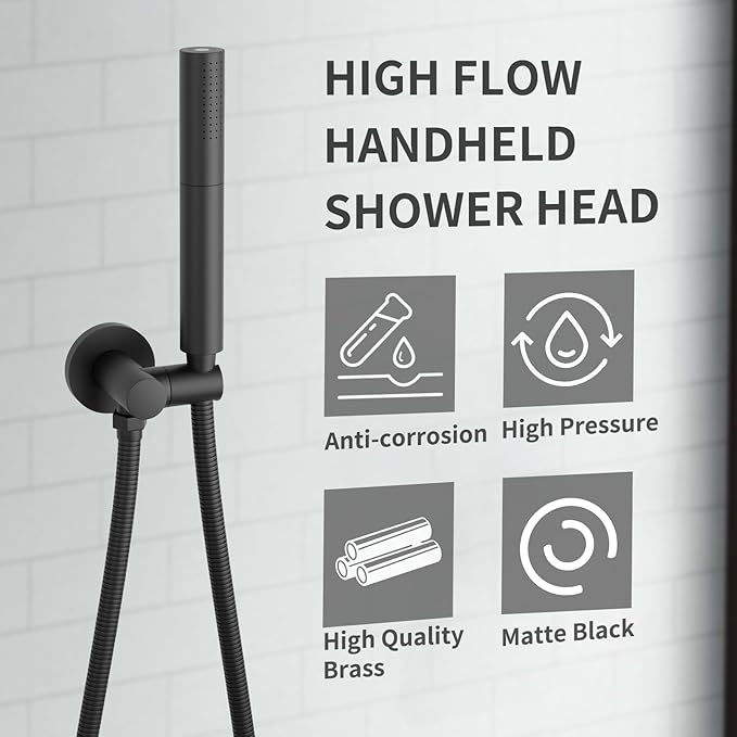 Matte Black Shower Wand 2 In 1 Fuction Hand Held Shower Head High Flow 7 Inch Brass Shower Head High Pressure Handheld Shower Head Sprayer with 59 Inch Hose and Bracket