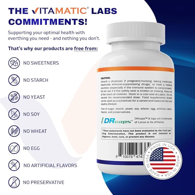 Vitamatic Saccharomyces Boulardii Probiotic 10B per Serving + Yeast Extract (MOS Yeast Fraction) 300 mg - 60 DR Capsules - Made in The USA
