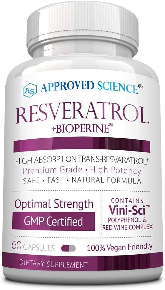 Approved Science® Resveratrol - 1000 mg of Trans Resveratrol - 250 mg of Polyphenol - 98% Purity Level - Includes Bioperine® - 60 Vegan Friendly Capsules - 1 Bottle