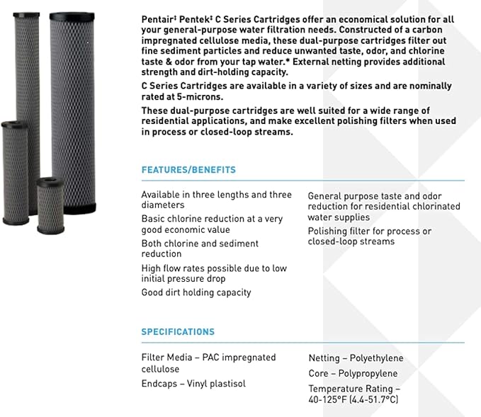 Pentair Pentek C1 Carbon Water Filter, 10-Inch, Under Sink Dual Purpose Powdered Activated Carbon-Impregnated Cellulose Replacement Cartridge, 10" x 2.5", 5 Micron, Black