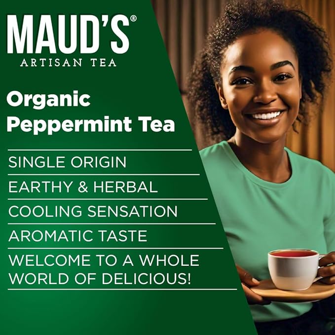 Maud's Organic Peppermint Tea Pods, 24 ct, Recyclable Single Serve Pods – 100% Gourmet Blended Tea Leaves, Compatible with Keurig K Cups Maker