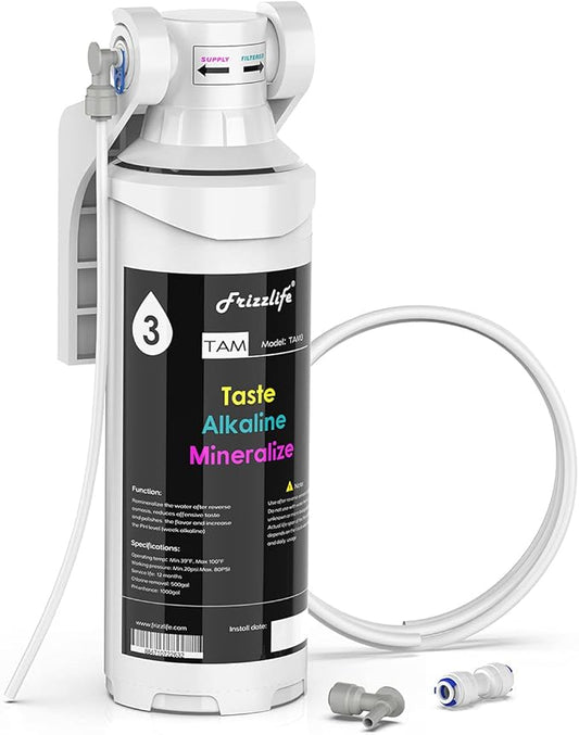 Frizzlife TAM3 Under Sink Inline Water Filter - Alkaline PH+ Remineralization, NSF/ANSI 42 Certified, Adjust Taste & PH, Restore Essential Minerals, 1/4" Pipe Fits for Reverse Osmosis Systems