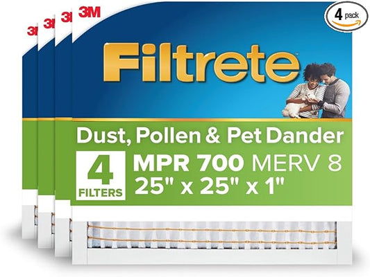 Filtrete 25x25x1 AC Furnace Air Filter, MPR 700, MERV 8, Tough on Pollen, Easy on Airflow, 3-Month Pleated 1-Inch Electrostatic Air Cleaning Filter, 4-Pack (Actual Size 24.81 x 24.81 x 0.81 in)
