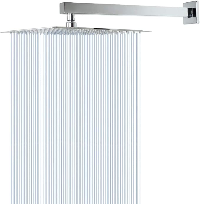 HarJue Shower Head with Extension Arm, High Pressure Square with ShowerArm, Stainless Steel Rainfall -Waterfall Full Body Coverage (12'' Shower with 16'' Arm, Chrome)