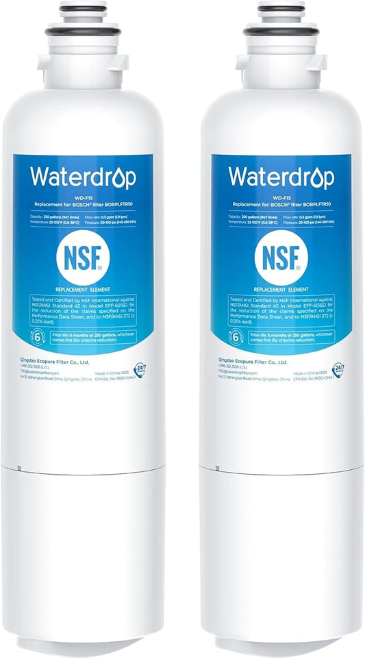 Waterdrop BORPLFTR50 Replacement for Bosch® Ultra Clarity® Pro 11032531, 12033030, 11025825, BORPLFTR55, B36CD50SNS, B36CT80SNS, B36CL80ENS, B36FD50SNS, WFC100MF, Refrigerator Water Filter, 2 Filters