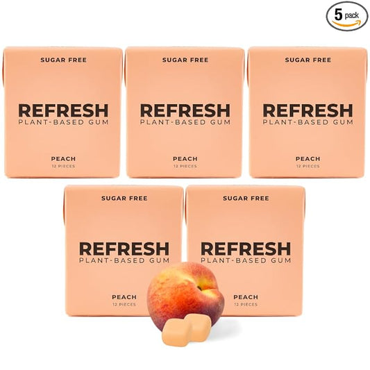 Refresh Gum, Xylitol, Natural, Sugar Free, Plastic Free, Aspartame Free, Natural Flavors & Organic Ingredients, Plant-Based, Low Calorie, Non GMO, Gluten Free, Vegan, Peach Flavor, 12 Pcs, 5 Pack