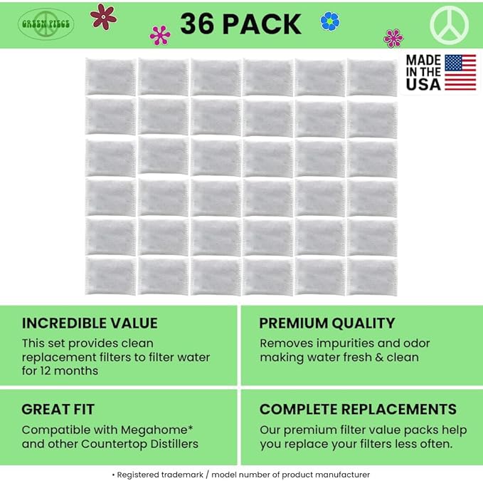 Green Piece® Activated Charcoal Water Filter Replacements (Made in USA) - Great for Megahome and Other Countertop Water Distillers - Pack of 36 - Deluxe Version