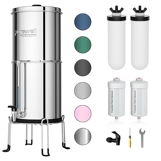 Purewell 8-Stage Gravity Fed Water Filter System, 2.25 Gallon Stainless Steel Countertop System with 4 Filters, Metal Water Level Spigot and Stand, Reduce Fluoride and Chlorine, PW-OBT-CF