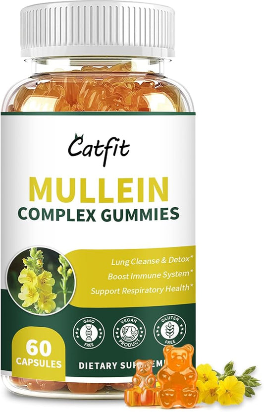 Mullein Gummies for Lungs – Mullein Leaf Extract with Quercetin, Elderberry for Respiratory & Immune Support,Lung Health & Breathing, Vegan, Pineapple Flavor, 60 Gummies
