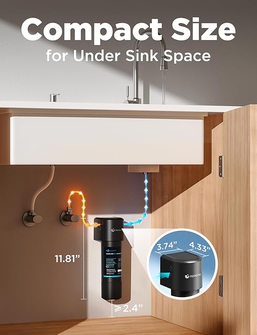 NOVETE Under Sink Water Filter System, Upgraded 30,000 Gallons, NSF/ANSI 42 & 372 Certified, Reduces 99% Chlorine, Lead, PFOA/PFOS, Bad Taste & Odor, Direct Connect to Kitchen Faucet, UWF1A-PC, Black