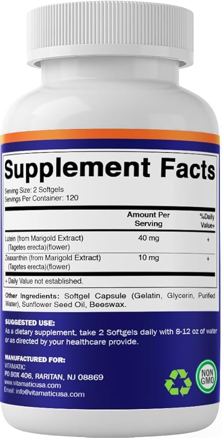Vitamatic Lutein 40mg with Zeaxanthin 10mg, Eye Health Support Supplement, 240 Softgels