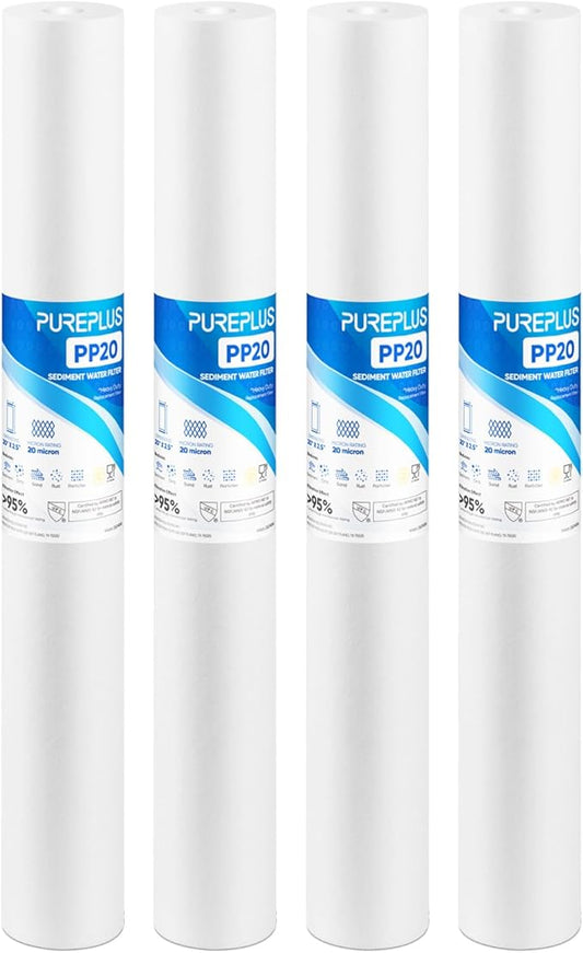 PUREPLUS 20 Micron 20" x 2.5" Whole House Sediment Home Water Filter, 20-inch Sediment Pre-Filtration, Replacement Cartridge Aqua Pure AP110-2C, Pentek P1-20/SP-P1-20/PX01-20, Watts FPMB5-20, 4PACK