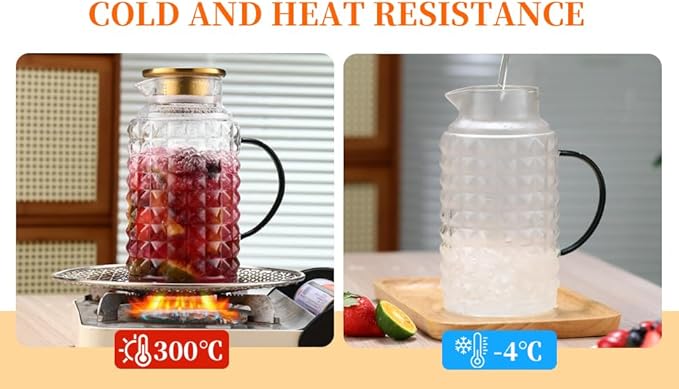 2 Pack 68oz/2L Glass Pitchers with Lids - Borosilicate Heat Resistant, Water Pitcher with Green Handle for Fridge, Iced Tea, Cold Brew & Lemonade - Home Kitchen Essential