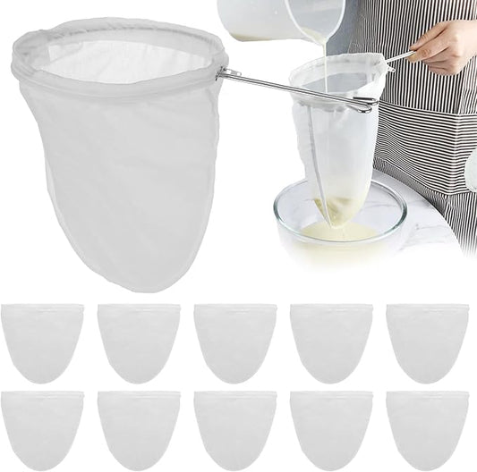 10Pcs Extra Fine Mesh Strainer Bags with Handle, Reusable Cheesecloth Bag, Kitchen Strainer Filter for NutMilk, Coffee, Milk, Tea, Juices and Fresh Cheese, Large, White