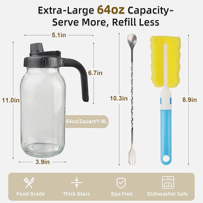 Glass Mason Jar Pitcher with Lid - 2 Quart (64 oz) Wide Mouth Water Jug, Set of 2 - BPA-free, Leak Proof - Sun & Iced Tea Pitcher, Cold Brew Coffee, Breast Milk Storage, Juice, Drink