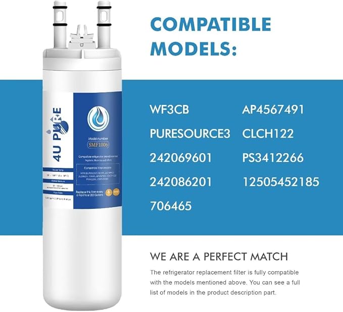 WF3CB Refrigerator Water Filter, Replacement for Pure Source 3, 706465, 242086201, 242086203, 242294501, 242069601, AP4567491, WF425, 3 Pack (Height 9 inches)