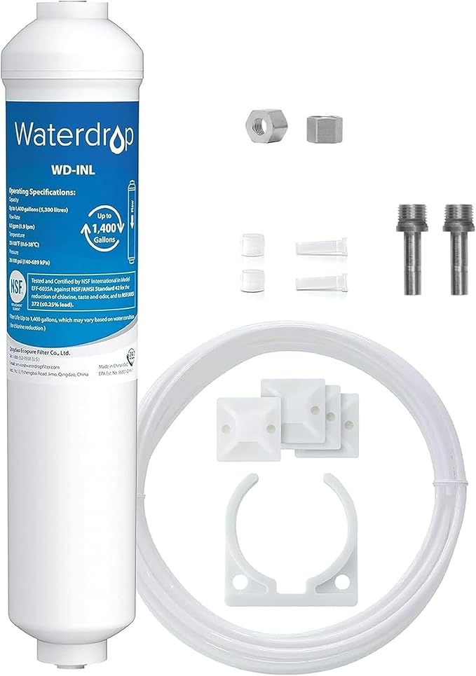 Waterdrop Inline Water Filter for Refrigerator and Ice Maker, NSF Certified High Capacity Drinking Water Filtration System with Direct Connect Fittings, Reduces Chlorine, PFAS/PFOA/PFOS