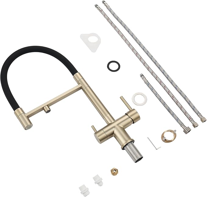 PiroosoKitchen Faucets with Water Filter Faucet Buil-in,3 Way Drinking Water Faucet for Kitchen Sink, Brushed Gold