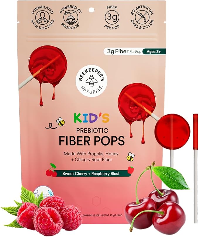 Kids Prebiotic Fiber Lollipops by Beekeeper's Naturals - Doctor Formulated Fiber Supplement, Supports Digestive Regularity, 3g of Fiber & Honey, Raspberry Blast & Sweet Cherry Variety Pack, 15 ct