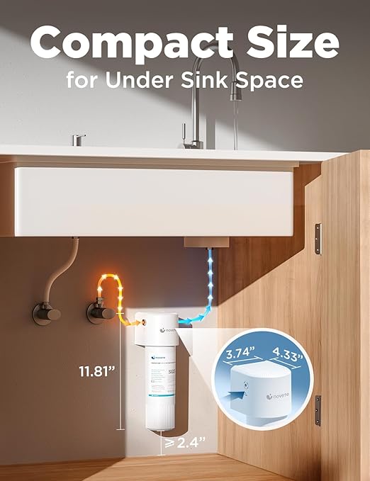 NOVETE Under Sink Water Filter System, Upgraded 30,000 Gallons, NSF/ANSI 42 & 372 Certified, Reduces 99% Chlorine, Lead, PFOA/PFOS, Bad Taste & Odor, Direct Connect to Kitchen Faucet, UWF0A-PC, White