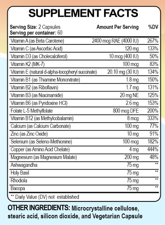 Mom Multi+ Daily Multivitamin for Women with Active Folate, Adaptogens & Bacopa, Energy, Stress & Cognitive Support, 120 Veggie Capsules