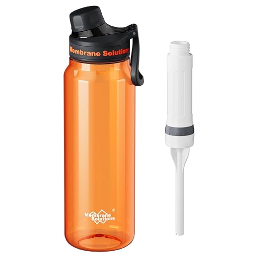 Membrane Solutions C3 Filtered Water Bottle, 36oz BPA-Free Bottle with Replaceable ACFX2 Filter Cartridge, Portable Water Filter, Travel, Hiking & Camping for Drinking Water Anywhere(Orange)