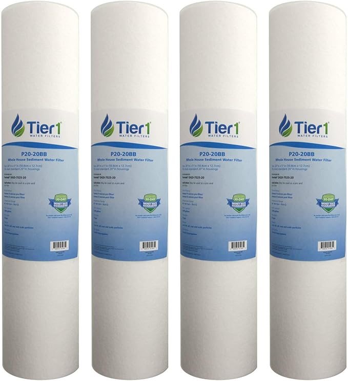 Tier1 20 Micron 20 Inch x 4.5 Inch | 4-Pack Spun Wound Polypropylene Whole House Sediment Water Filter Replacement Cartridge | Compatible with Pentek DGD-7525-20, 155356-43, Home Water Filter