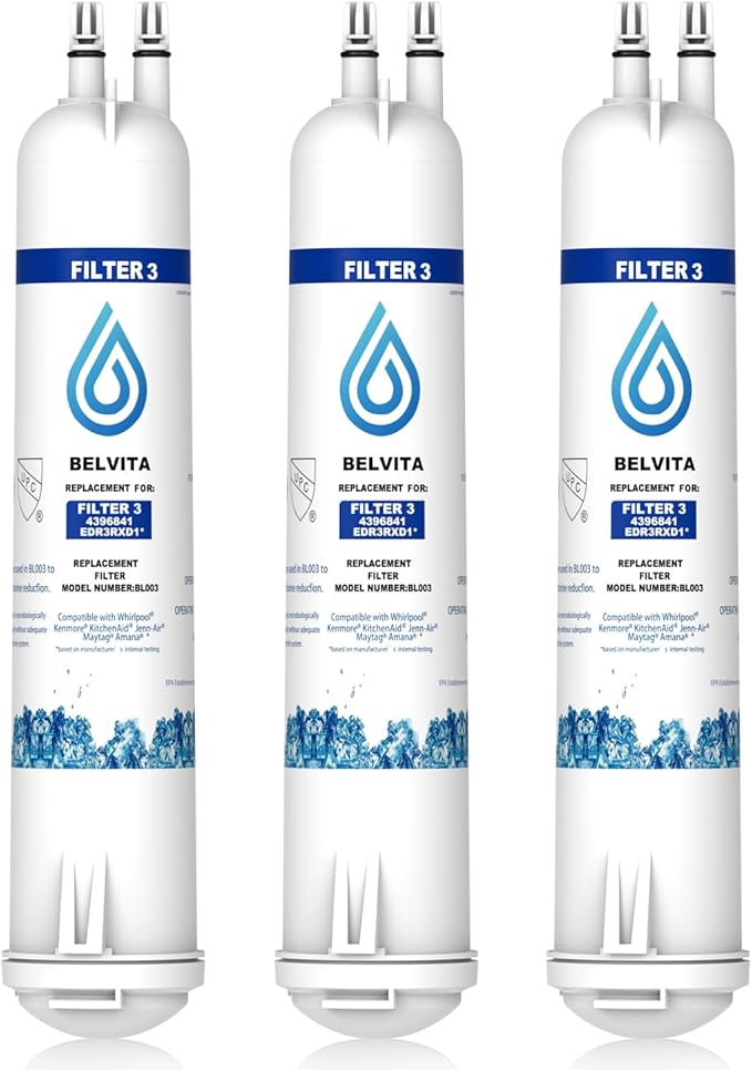 BELVITA Compatible with 4396841 Refrigerator Water Filter, EDR3RXD1, KAD3RXD1, WHR3RXD1, 4396841, 4396710, Filter 3, 46-9083,46-9030, 9030, 9083 Refrigerator Water Filter, 3 Filters