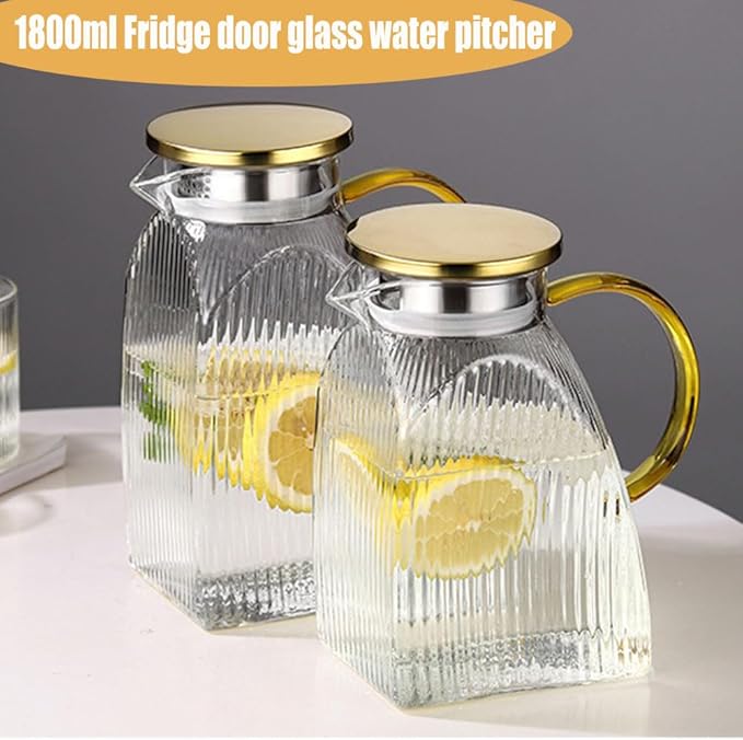 Glass Pitcher with Stainless Steel Gold Lid - 1.8L Ideal Fridge Door Water Pitcher for Hot or Cold Beverage, Iced Tea, Juice, Milk, Coffee, Lemonade