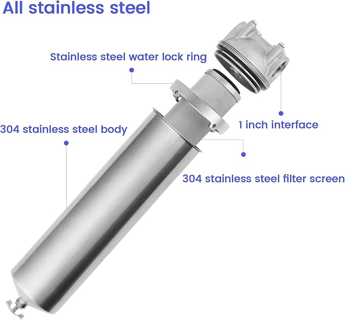 Amwater NSF/ANSI 42 Stainless Steel Whole House Water Filter Housing, 10" x 2.5" Sediment Water Filter System for Heavy Duty, Well & City Water, 1" NPT Port, Drain Valve Style A