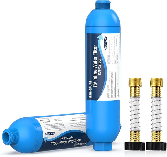 RV Inline Water Filter with Flexible Hose Protector, NSF 42/372 Certified, Reduce Chlorine, Odor, Taste, Rust and Fluoride in Drinking Water, Dedicated for RVs and Marines, Pack of 2