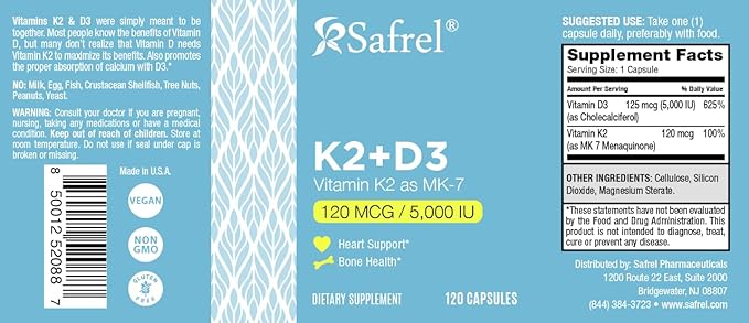 Safrel Vitamin K2 (MK7) 120 MCG and D3 5000 IU Supplement per Capsule, Supports Calcium Absorption for Bone, Immune and Heart Health, Easy to Swallow K2 and D3, Non-GMO, 120 Count